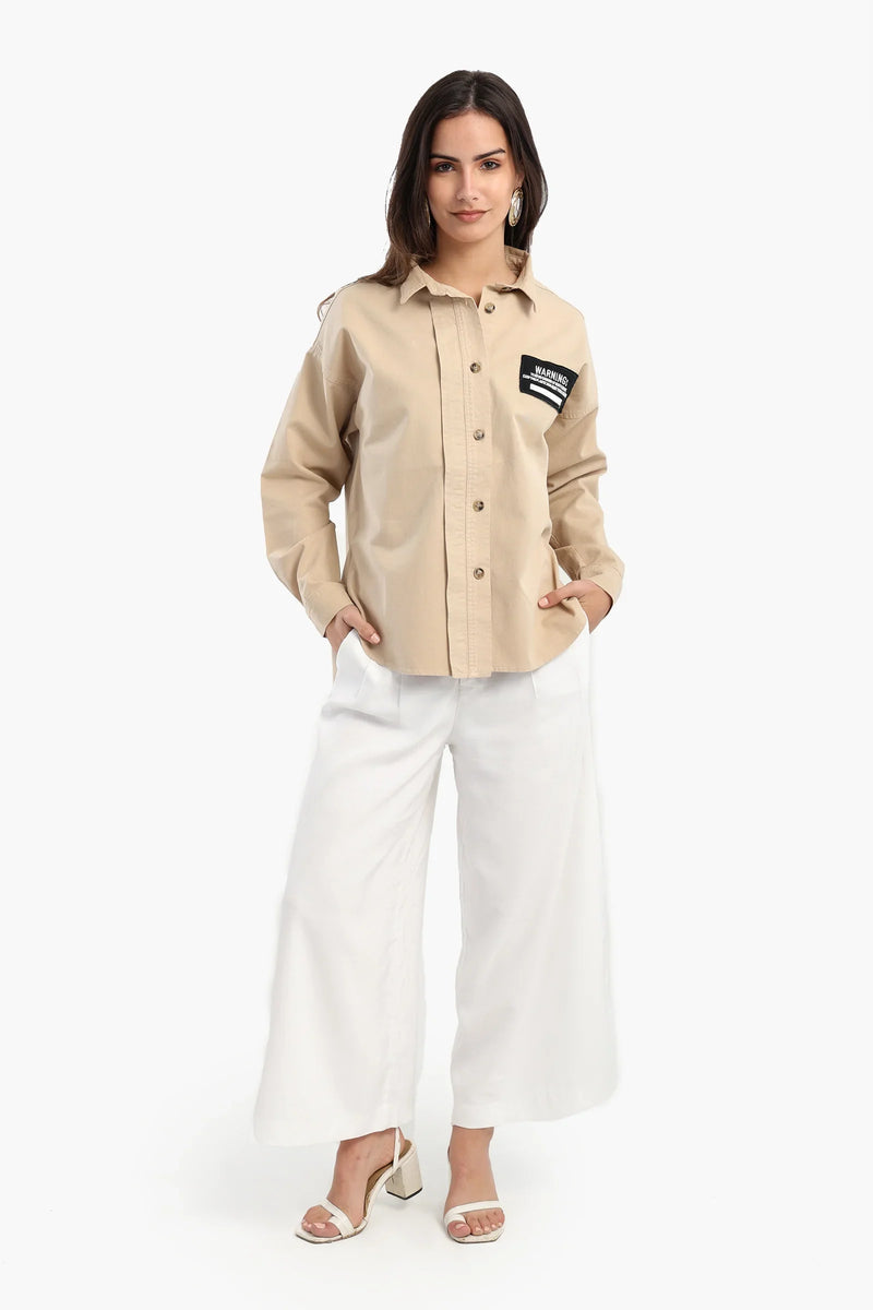 Polyester Blend Printed Long Sleeve Shirt – Beige