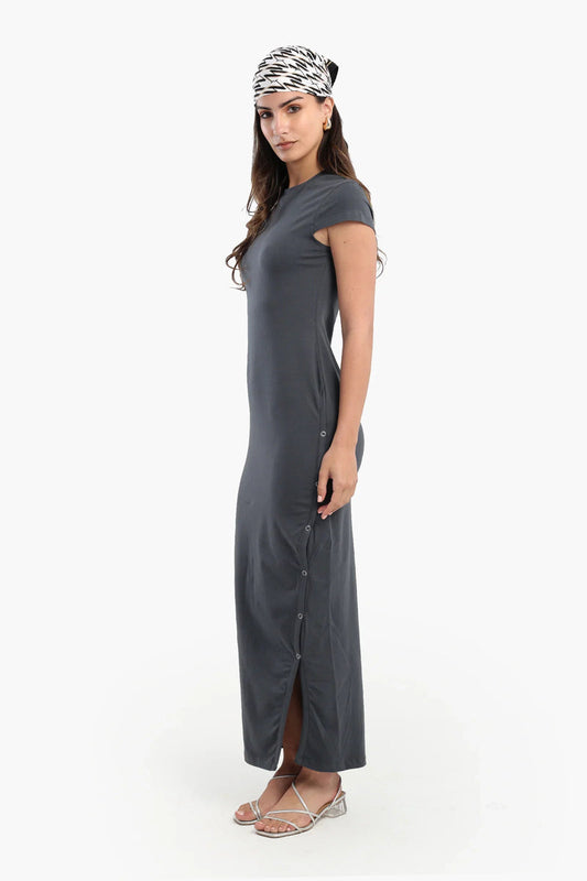 Cotton Blend Solid Maxi Dress – Grey