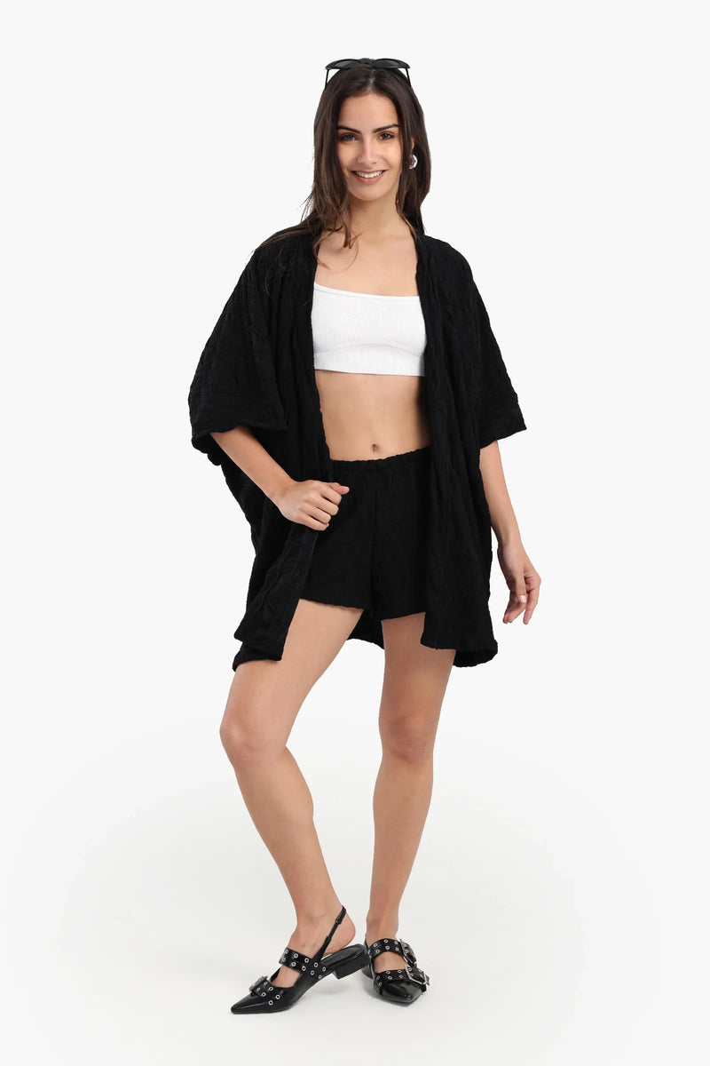 Polyester Ribbed Beach Shorts - Black