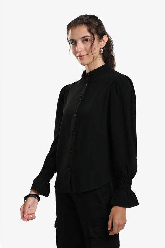 Polyester Solid Long Sleeve Shirt – Black