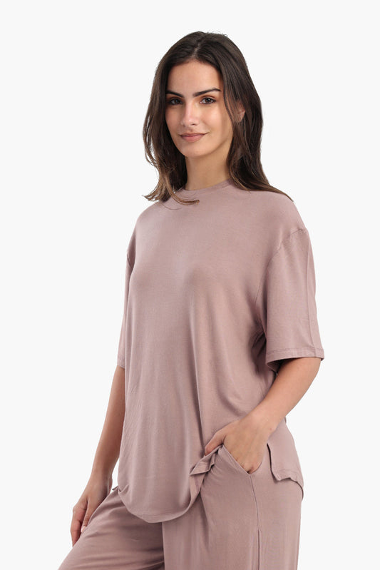 Viscose Blend Solid Oversized Lounge T-Shirt – Dusty Rose Brown