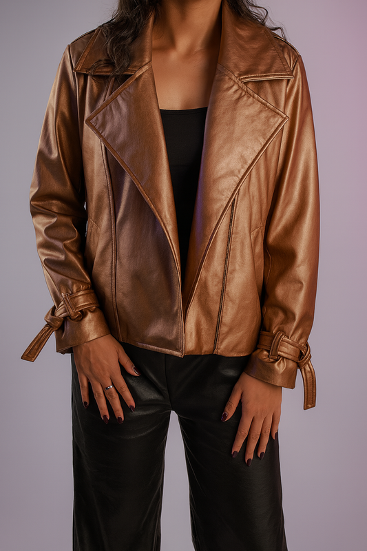 Leather Solid Biker Jacket – Gold