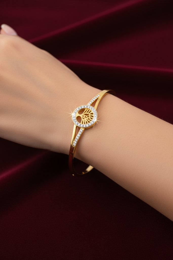 Stainless Steel Crystal-Encrusted Tree of Life Bracelet – Gold