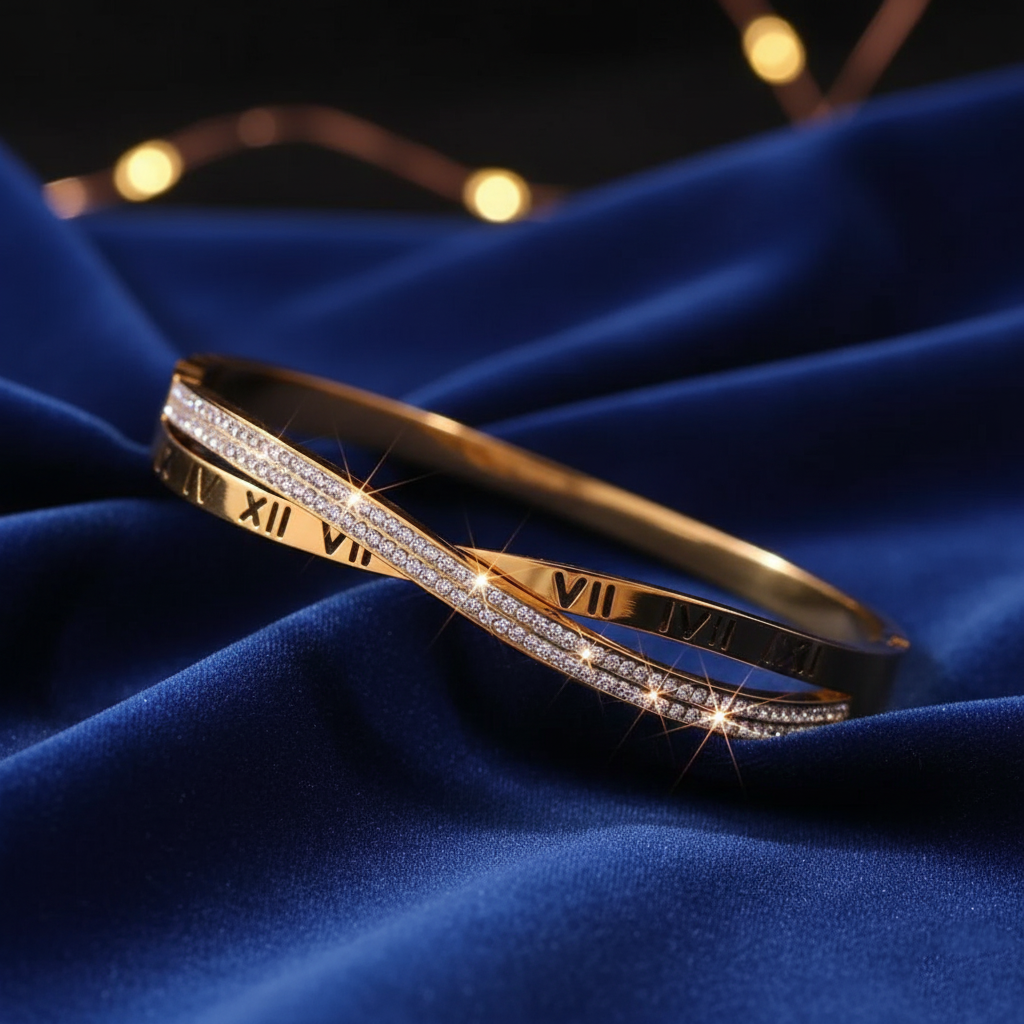 Stainless Steel Roman Numeral Crystal Bracelet – Gold