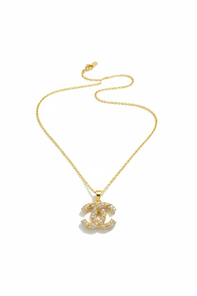 Stainless Steel Interlocking Crystal Pendant Necklace – Gold