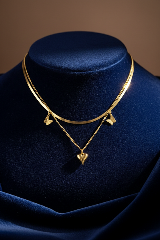Stainless Steel Layered Heart & Butterfly Pendant Necklace – Gold