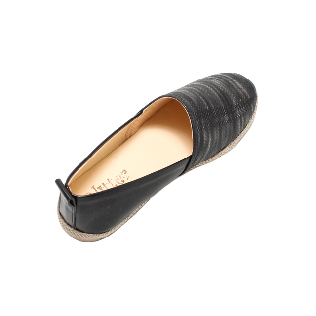 Faux Leather Textured Espadrille Flat - Black