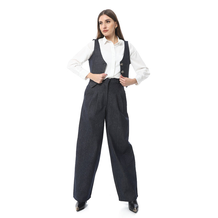 Wool Blend Plain Wide-Leg Trousers - Dark Grey