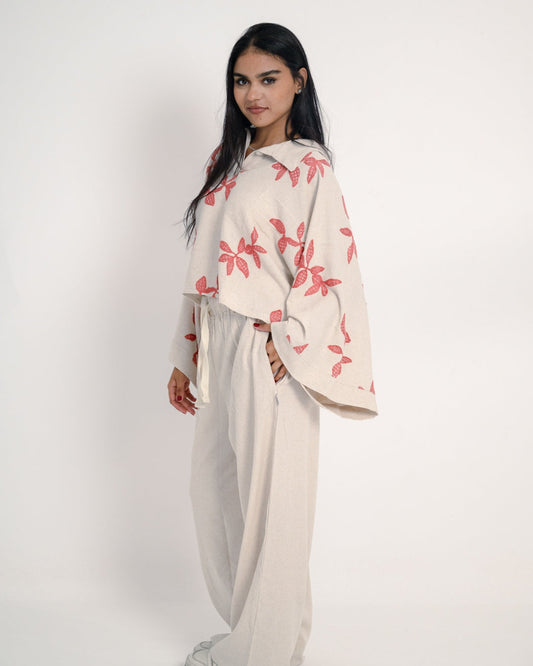 Linen Oversized Embroidered Two-Piece Set – Beige