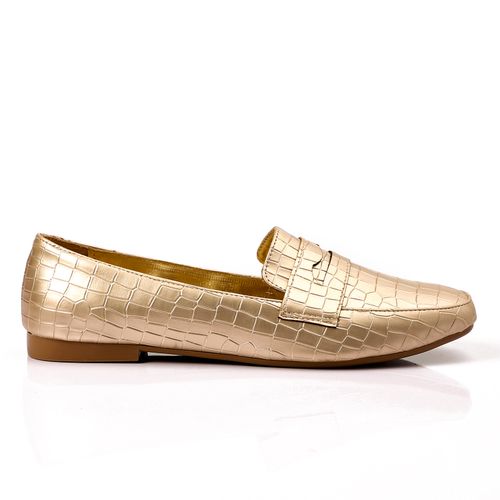 Faux Leather Croc-Pattern Loafers – Gold