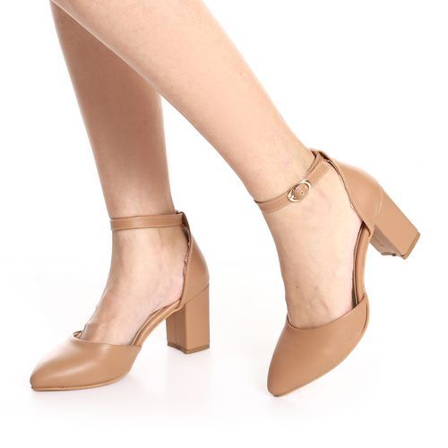 Faux Leather D'Orsay Ankle Strap Block Heels - Beige