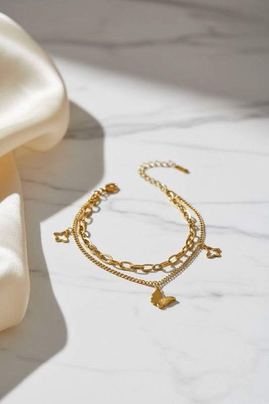 Stainless Steel Double Layer Butterfly Charm Bracelet – Gold