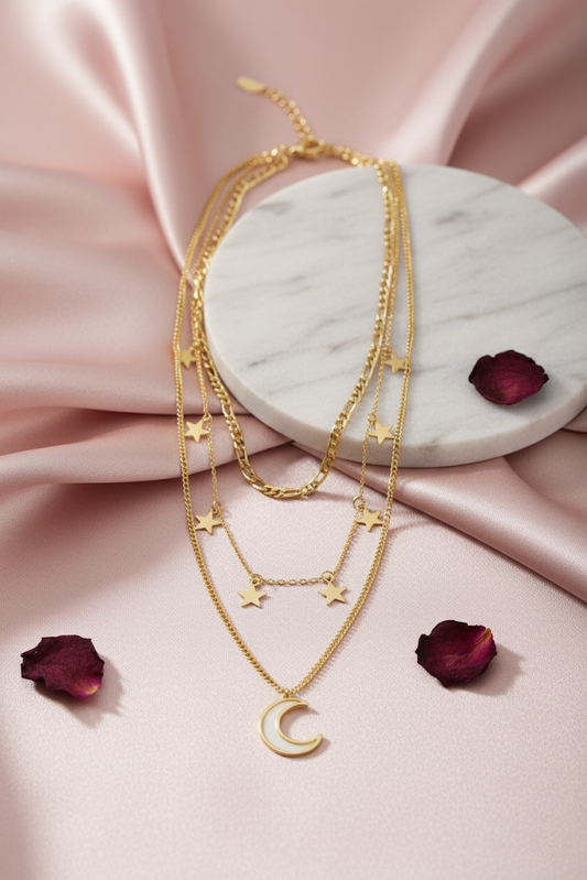 Stainless Steel Layered Crescent & Star Charm Necklace – Gold