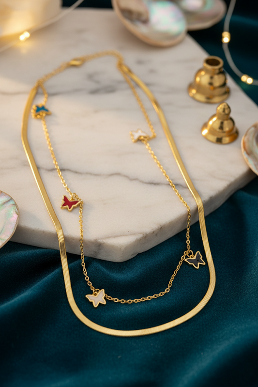 Stainless Steel Layered Butterfly Charm Necklace – Gold