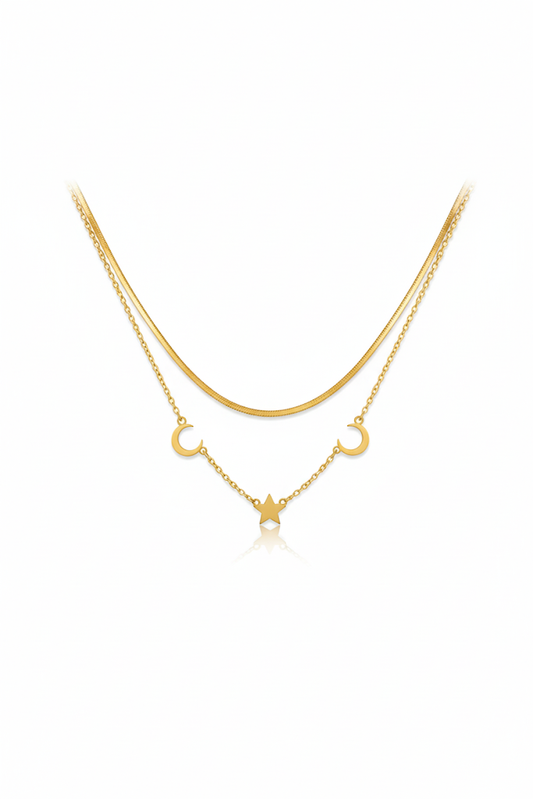 Stainless Steel Layered Crescent & Star Necklace – Gold