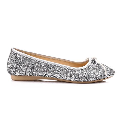 Glitter Ballet Flats with Bow – Silver