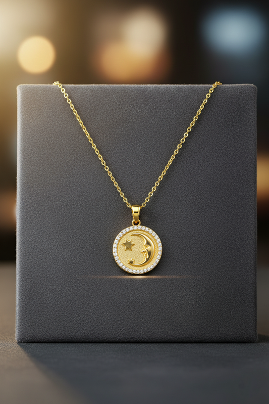Stainless Steel Moon and Star Pendant Necklace – Gold