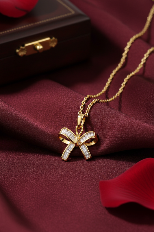 Stainless Steel Crystal Bow Pendant Necklace – Gold