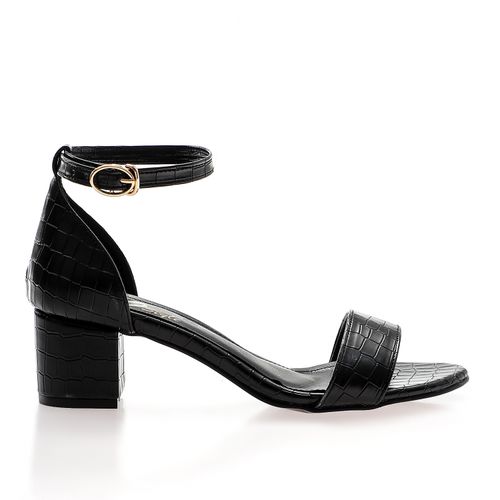 Faux Leather Ankle Strap Block Heel Sandals – Black