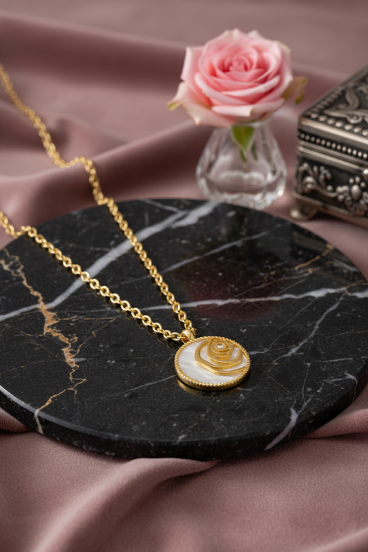Stainless Steel Mother-of-Pearl Rose Pendant Necklace – Gold