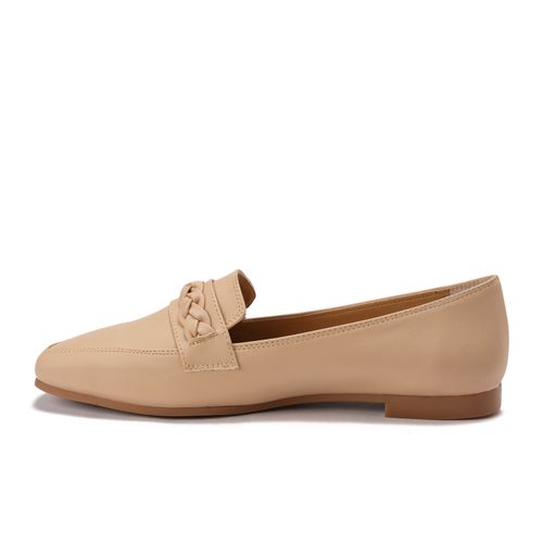 Faux Leather Loafers with Braided Strap - Beige