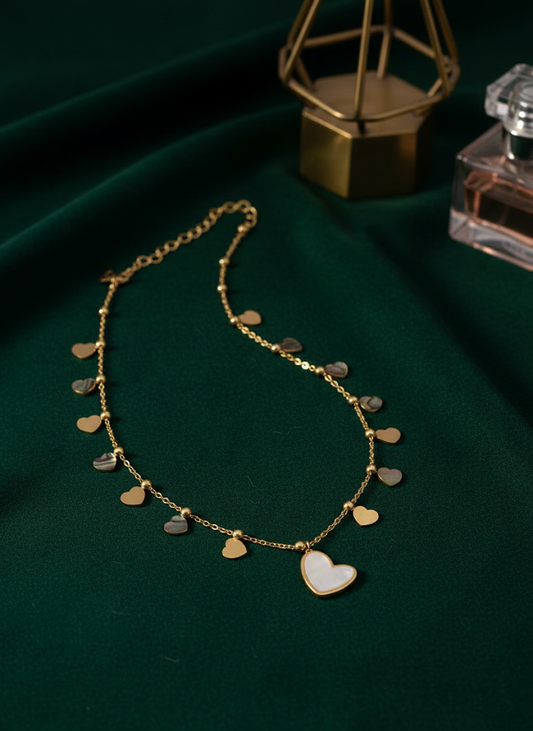 Stainless Steel Heart Pendant Necklace with Dangling Charms – Gold