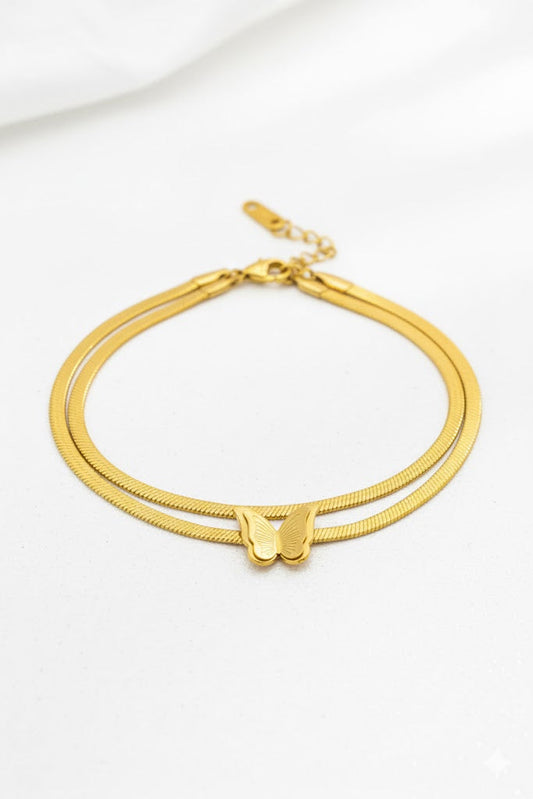 Stainless Steel Double Snake Chain Butterfly Charm Bracelet – Gold