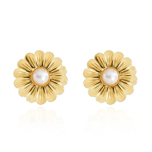 Gold-Plated Flower Earrings with Pearl