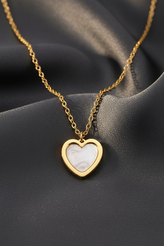 Stainless Steel Heart Pendant Necklace with Shell Inlay – Gold
