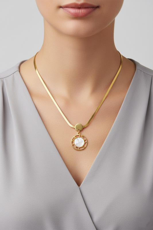 Stainless Steel Circular Pendant Necklace with Shell Stone – Gold