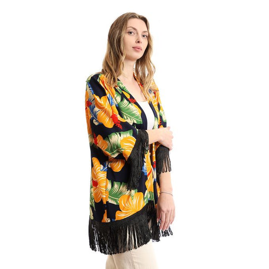 Floral Decorated Fringes Open Neckline Cardigan