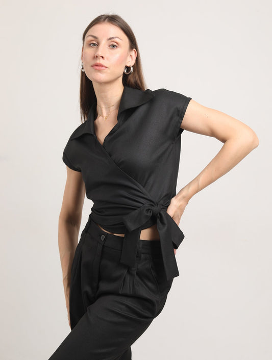 Blended Fabric Wrap Blouse – Black