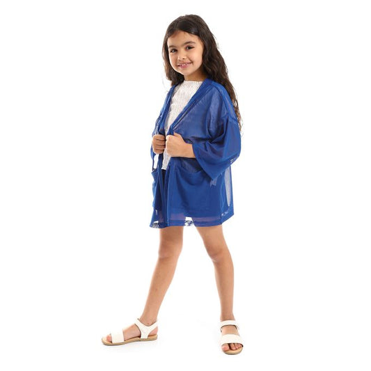Open Neckline Pique Pattern 3/4 Sleeves Cardigan With Front Pocket Girls Set