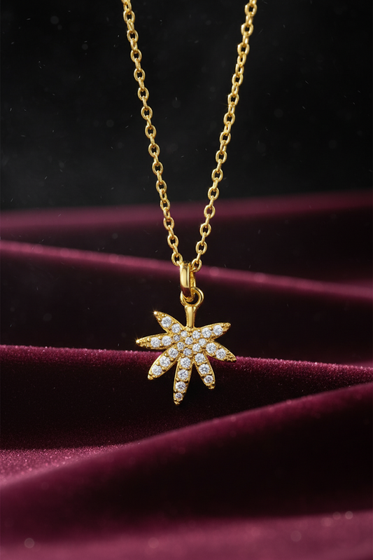 Stainless Steel Pave Starburst Pendant Necklace – Gold