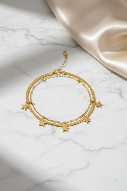 Stainless Steel Double Layer Star Charm Bracelet – Gold
