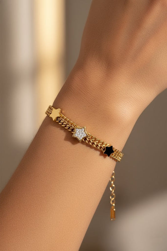 Stainless Steel Double Chain Star Charm Bracelet – Gold