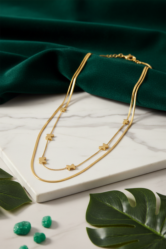 Stainless Steel Double Layer Butterfly Pendant Necklace – Gold