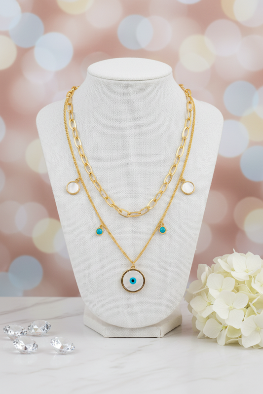 Stainless Steel Layered Evil Eye Charm Necklace Stones – Gold