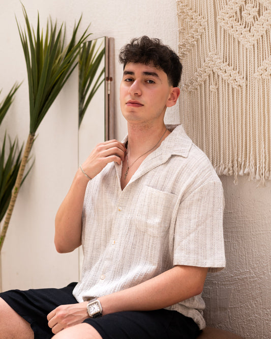 Linen Textured Short Sleeve Shirt - Beige