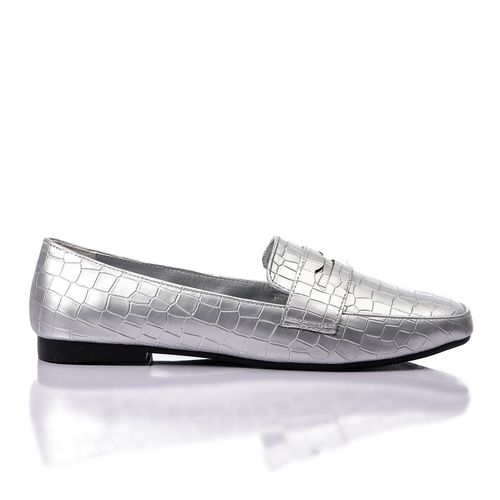 Faux Leather Croc-Embossed Loafers – Silver