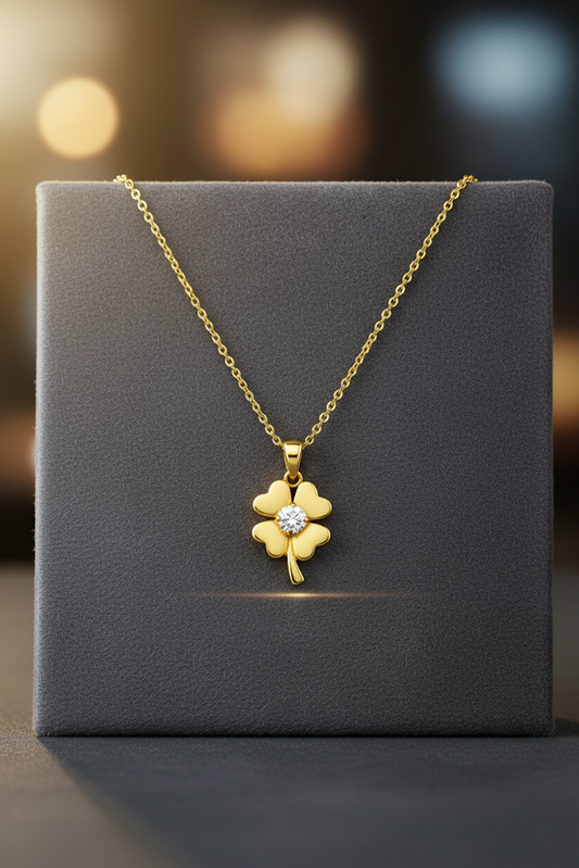 Stainless Steel Crystal Clover Pendant Necklace – Gold