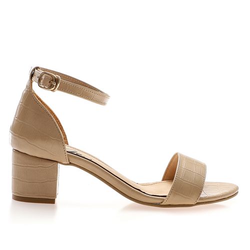 Faux Leather Ankle Strap Block Heel Sandals – Beige