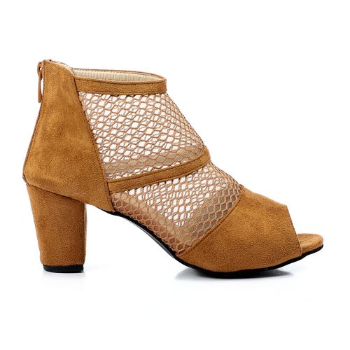 Faux Suede Mesh Peep-Toe Block Heel Sandals – Light Tan