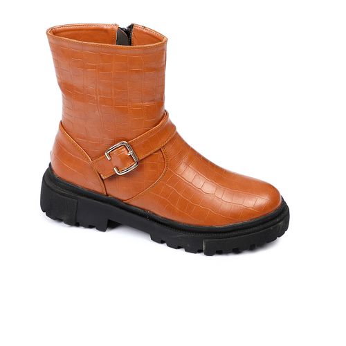 Faux Leather Chunky Buckle Boots – Tan