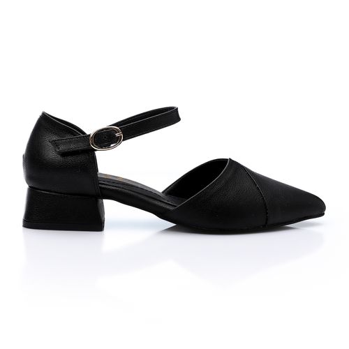 Faux Leather Pointed-Toe Low Block Heel - Black