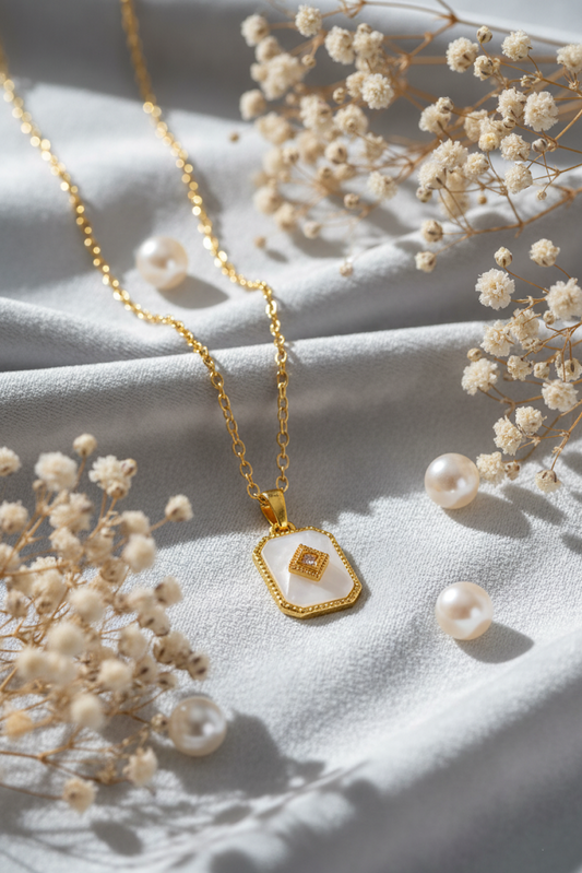 Stainless Steel Rectangular Shell & Crystal Pendant Necklace – Gold