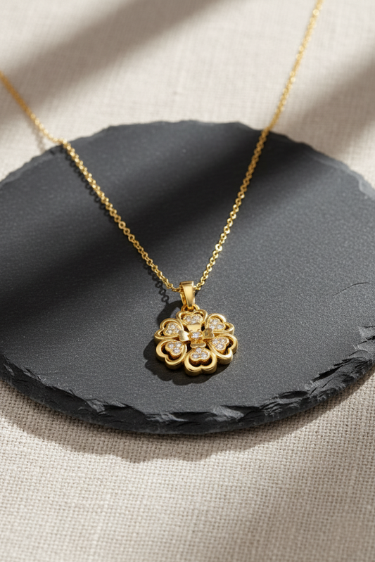 Stainless Steel Crystal Paved Flower Pendant Necklace – Gold