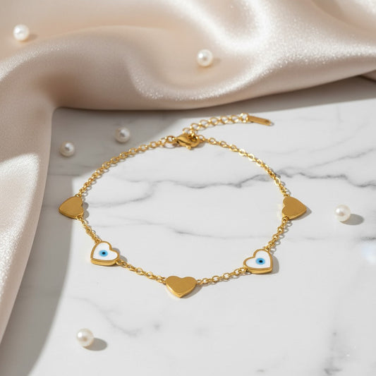 Stainless Steel Hearts & Blue Evil Eye Bracelet – Gold