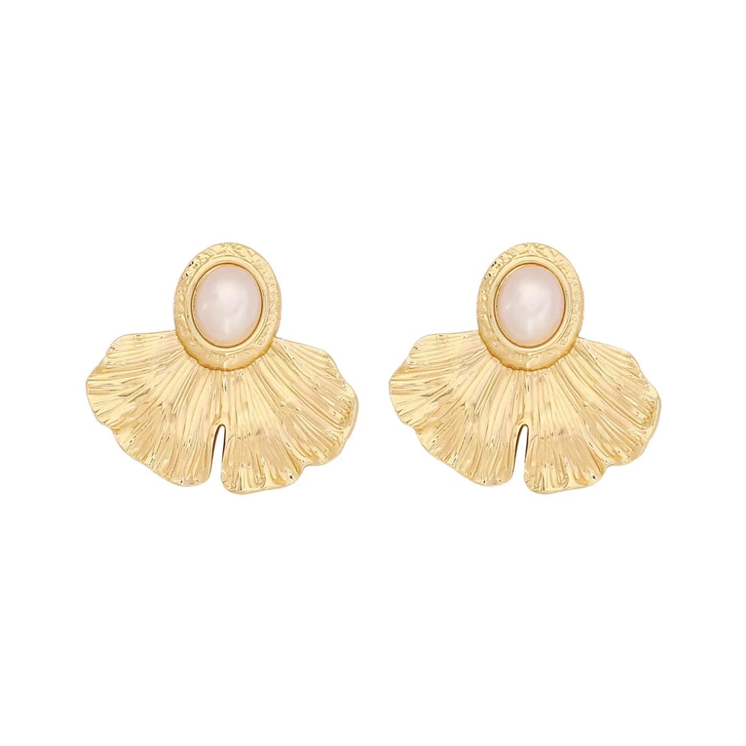 Gold-Plated Ginkgo Leaf Earrings with Pearl
