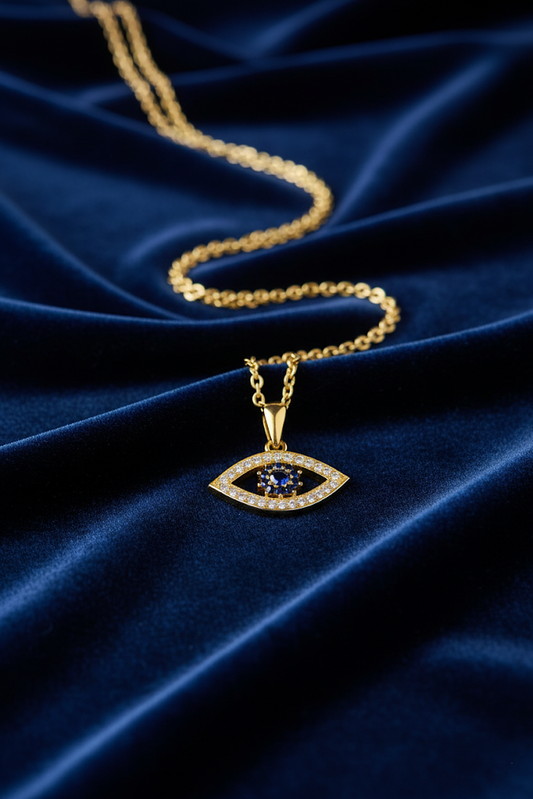 Stainless Steel Crystal Pave Evil Eye Pendant Necklace – Gold